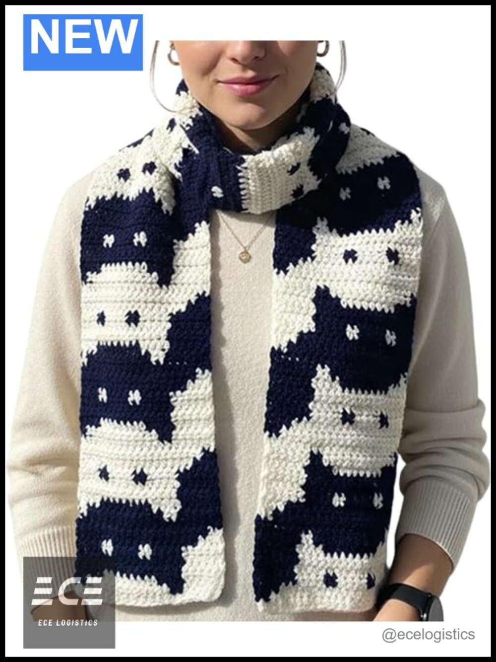 Cat Pattern Knit Scarf Acrylic Winter Warm Soft Thick Cute Animal Design Cat